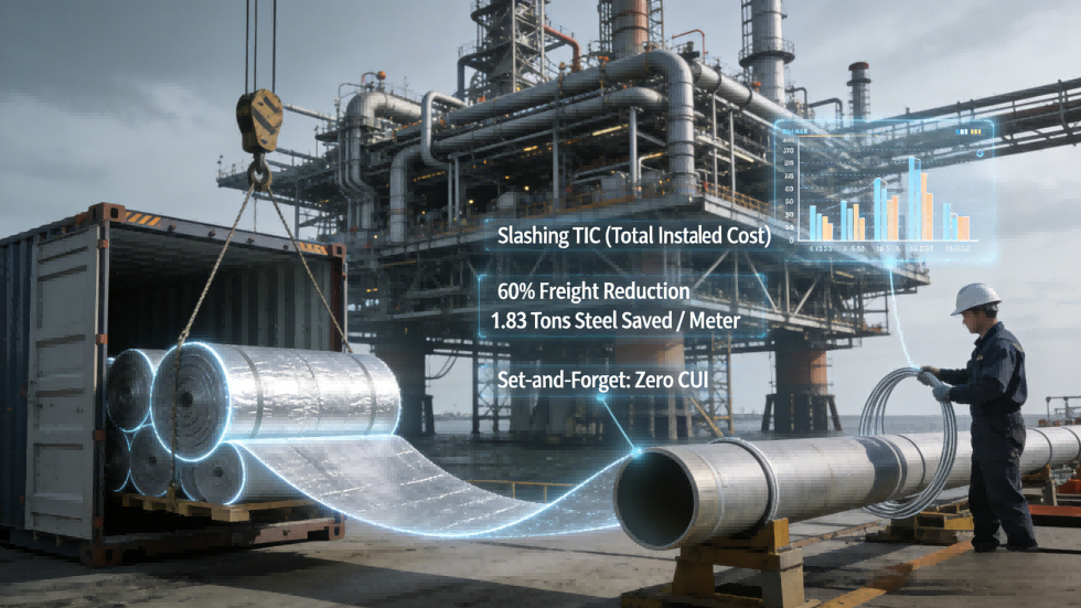 Industrial workers installing space-saving aerogel insulation on an LNG pipe rack, demonstrating Total Installed Cost (TIC) and structural steel savings.