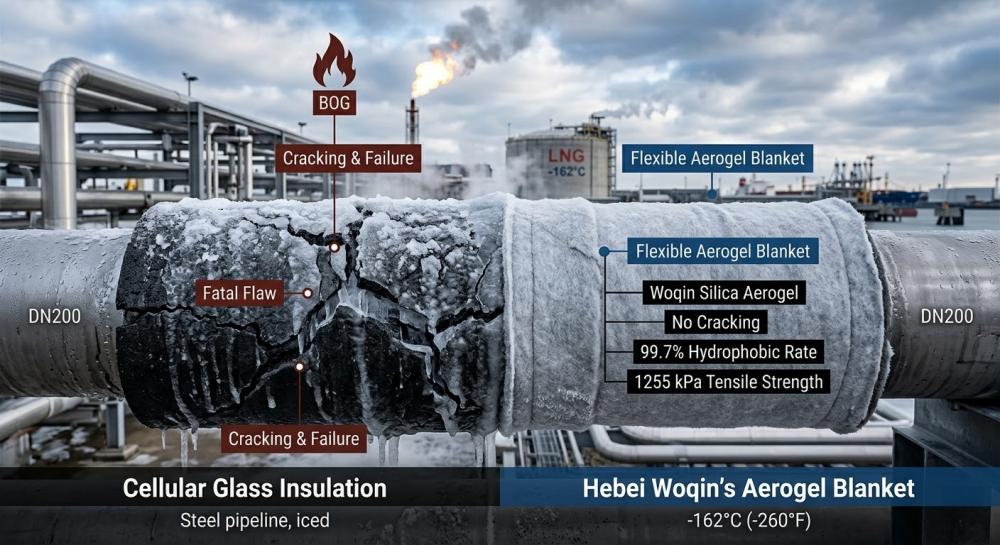 Comparative testing of Hebei Woqin flexible aerogel blanket vs cellular glass insulation at -162°C LNG conditions, showing 99.7% hydrophobicity and 1255 kPa tensile strength to prevent BOG.