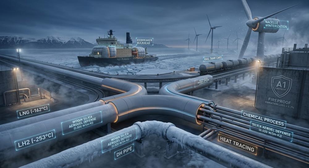 Comprehensive application map of Hebei Woqin flexible silica aerogel: 12 extreme cold and cryogenic scenarios including LNG (-162°C), Liquid Hydrogen (-253°C), arctic pipelines, wind turbines, and rail tank cars, highlighting 0.020 W/m·K thermal conductivity and A1 fire safety.