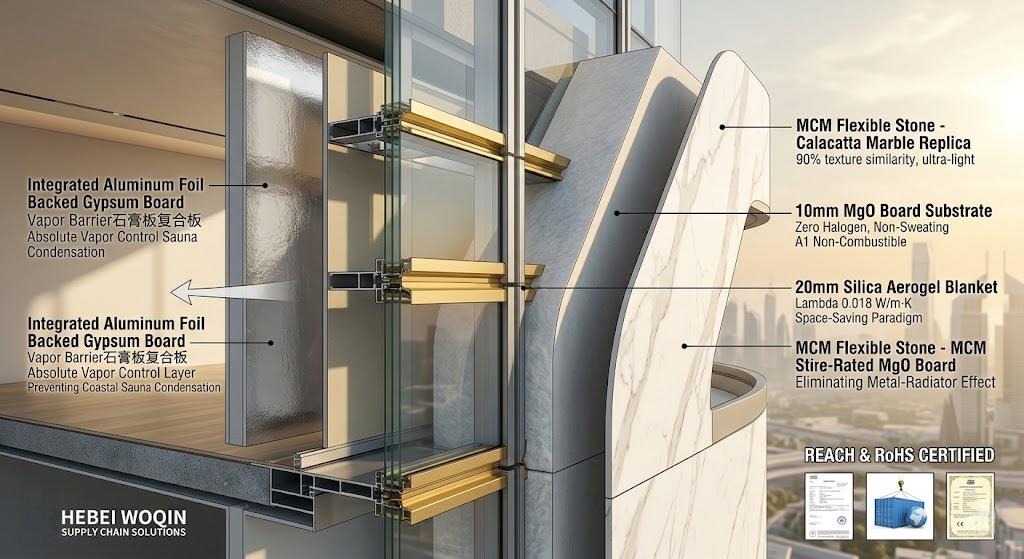 High-performance building envelope system for Middle East mega-projects featuring 20mm Silica Aerogel insulation, MCM flexible stone cladding, MgO fireproof board, and aluminum foil-backed vapor barrier gypsum board for 50°C desert climate.