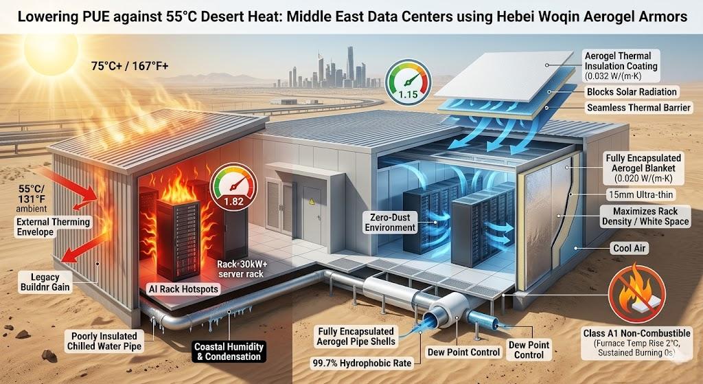3D architectural diagram showing Hebei Woqin zero-dust aerogel insulation systems (coating and fully encapsulated blankets) protecting a Middle East AI modular data center from 55°C desert heat, reducing PUE and preventing chilled water pipe condensation.