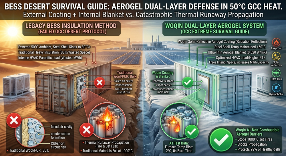Side-by-side engineering comparison of a BESS container in a 50°C Middle East desert. The left shows legacy insulation failing, causing extreme HVAC loads and thermal runaway propagation. The right demonstrates Hebei Woqin's dual-layer aerogel system—featuring solar-reflective coating, hydrophobic blankets, and A1 cell-to-cell barriers—successfully blocking 1000°C jet fires and maintaining safe internal temperatures.
