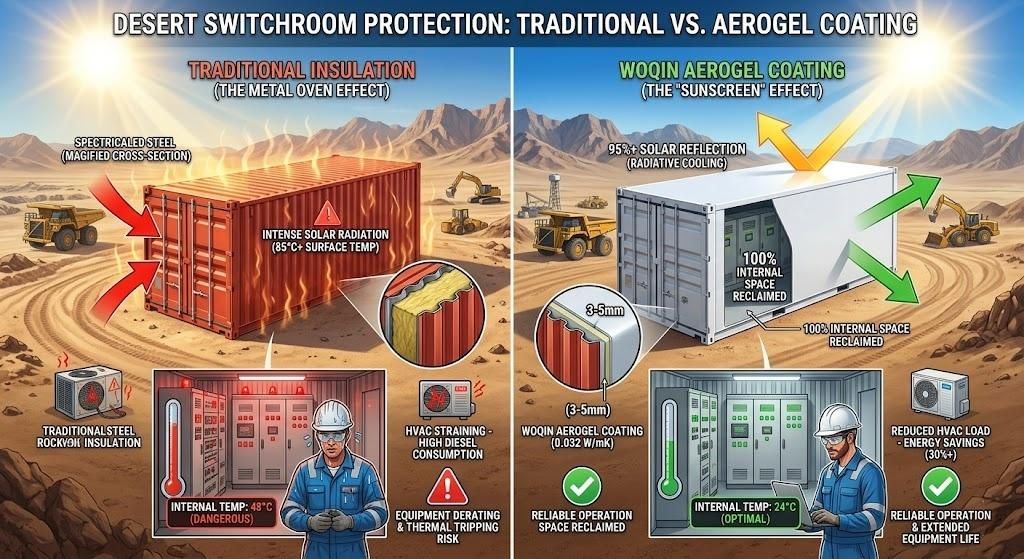 Engineering comparison of a Middle East desert switchroom container. The left shows traditional insulation failing against 50°C solar heat gain, causing a metal oven effect and HVAC overload. The right demonstrates Hebei Woqin's Dual-Action Aerogel Coating reflecting solar radiation, reducing HVAC OPEX, and reclaiming 100% of the internal clearance space.