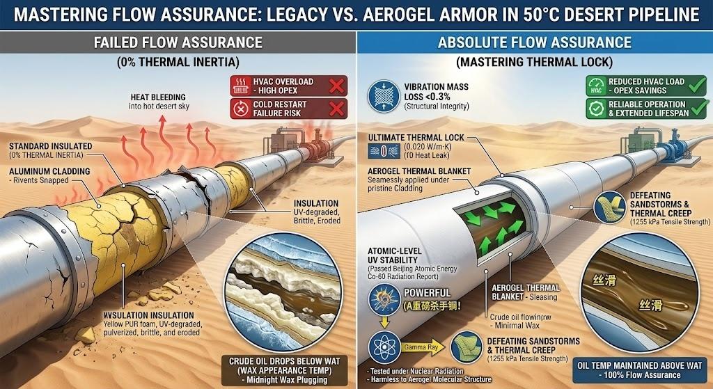 Engineering comparison of Arctic vessel deck piping insulation on the Northern Sea Route. The left shows legacy hand-wrapped blankets failing due to vibration pulverization, ice-smashing trauma, and salt-fog CUI. The right demonstrates Hebei Woqin's Steel-Wired Mineral Wool Pre-formed Shells acting as structural armor, neutralizing CUI (Mk ≥ 1.6), and ensuring Class A1 fire safety for IMO/SOLAS compliance.