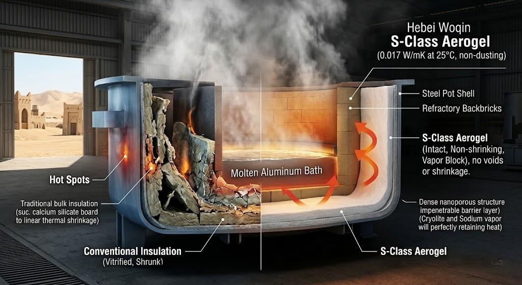 Cutaway comparison of aluminum reduction cell: Degraded conventional insulation vs. non-shrinking Hebei Woqin S-Class Aerogel.