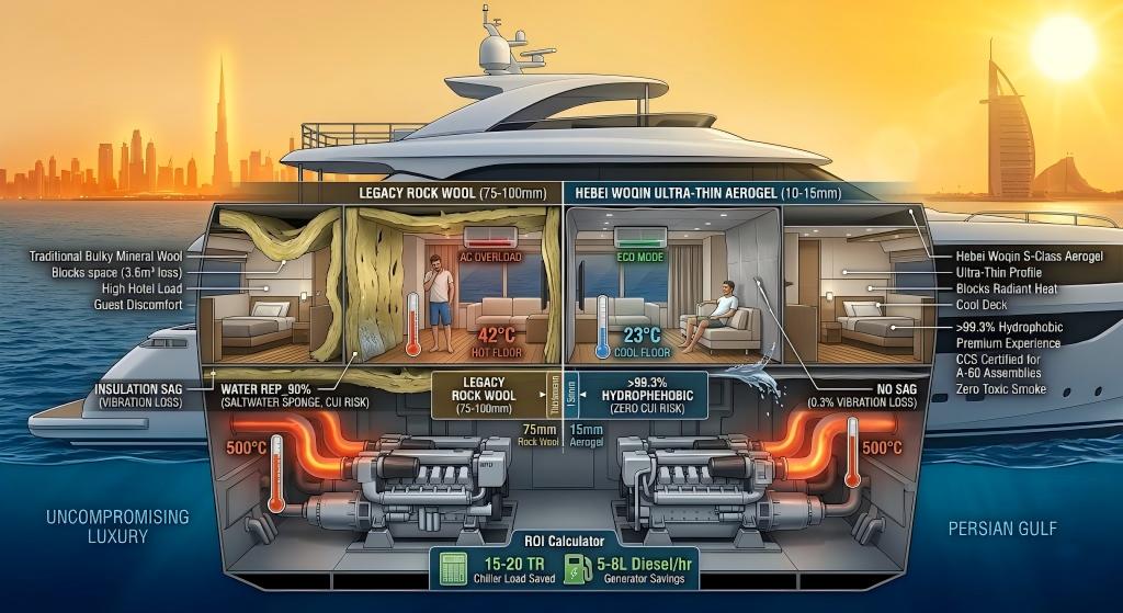 Cross-section comparison of a superyacht engine room showing Hebei Woqin's ultra-thin aerogel insulation versus bulky rock wool, highlighting reclaimed VIP cabin space and reduced HVAC load.