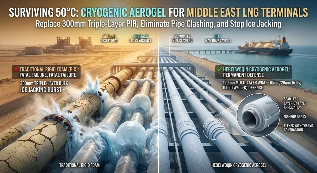 Side-by-side comparison of LNG pipeline insulation in a Middle East terminal. The left shows failing 300mm triple-layer PIR rigid foam causing ice jacking and pipe clashing. The right shows Hebei Woqin's 120mm multi-layer wrap using flexible cryogenic aerogel rolls (10mm/20mm), providing permanent thermal defense and eliminating clashing.