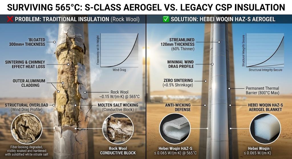 Side-by-side comparison of 565°C molten salt pipeline insulation in a Middle East CSP plant. The left shows failing 300mm rock wool causing structural wind overload and salt wicking. The right shows Hebei Woqin 120mm S-Class aerogel blanket providing permanent thermal defense and halving tower wind drag.