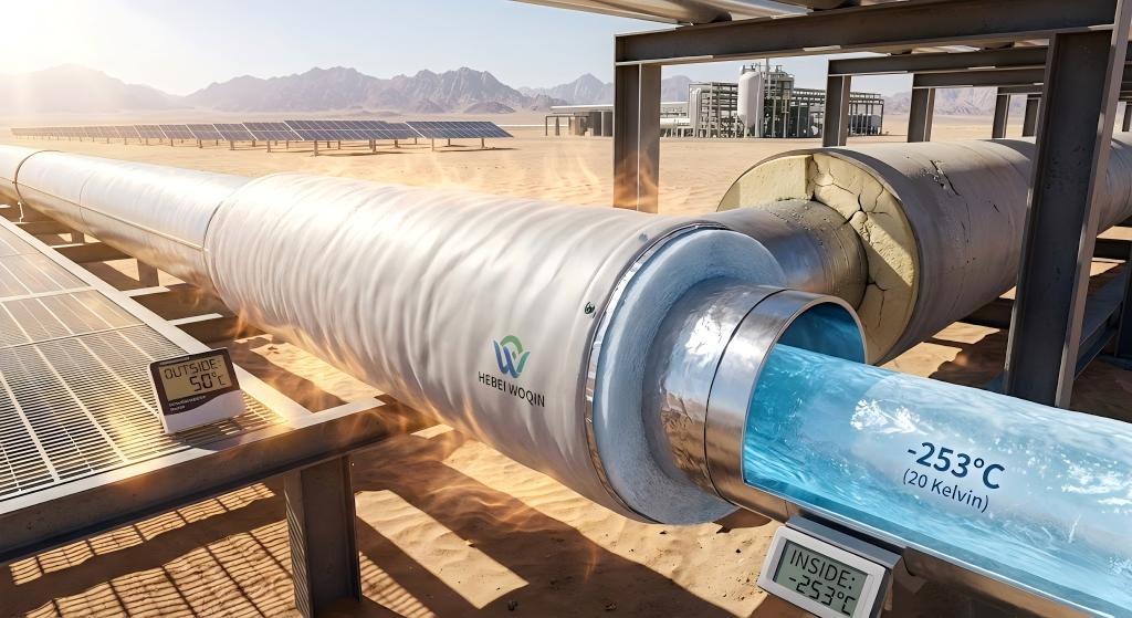 Hebei Woqin cryogenic aerogel blanket insulating a -253°C liquid hydrogen pipeline against 50°C desert heat, eliminating air liquefaction and BOG compared to cracked legacy insulation.
