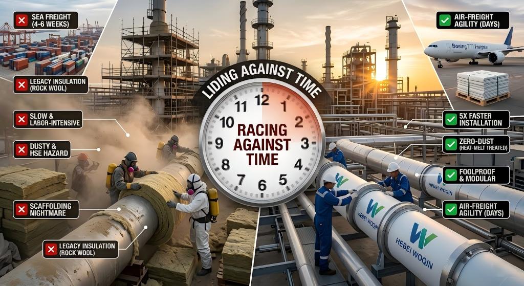 Hebei Woqin zero-dust aerogel shells vs legacy rock wool insulation, demonstrating 5x faster snap-on installation and air-freight agility during Middle East Oil & Gas brownfield emergency restoration and turnarounds.