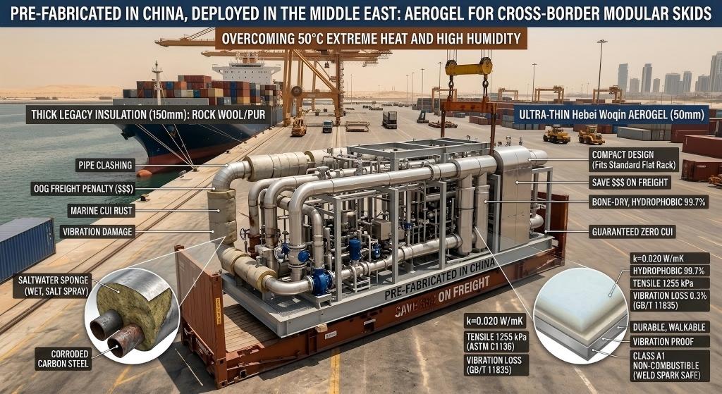 Comparison of thick legacy rock wool versus ultra-thin Hebei Woqin aerogel insulation on a cross-border modular skid, highlighting OOG freight savings and marine CUI prevention in the Middle East.