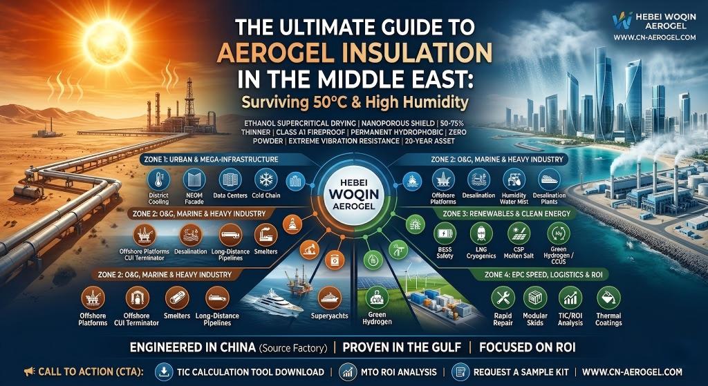 Infographic illustrating the Ultimate Guide to Aerogel Insulation in the Middle East by Hebei Woqin. Shows 17 industrial applications across Urban Infrastructure, Oil & Gas, Renewables, and EPC projects to survive 50°C heat and prevent CUI.
