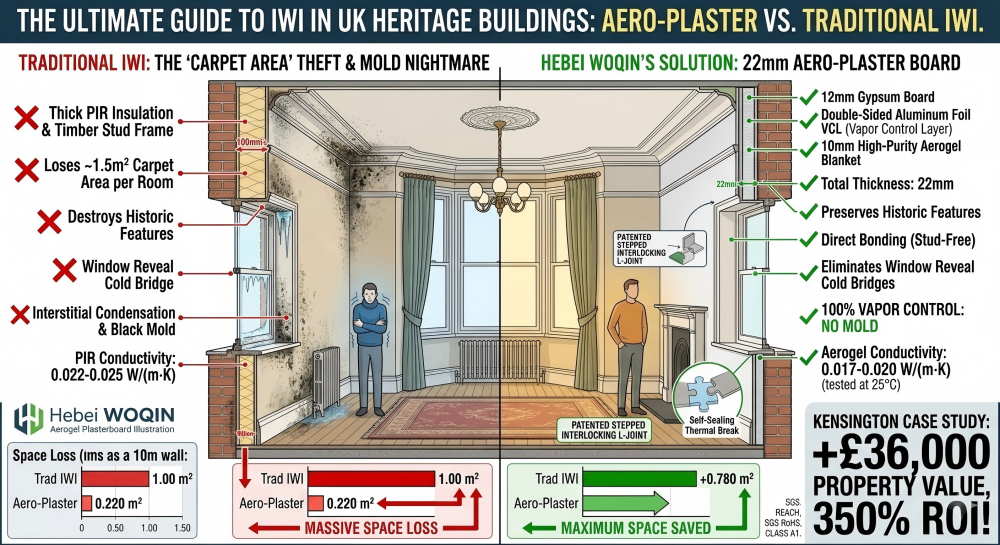 Technical infographic comparing traditional 100mm IWI (Kingspan/PIR) vs. 22mm Aero-Plaster aerogel laminate board for UK heritage solid brick walls, showing space savings and 350% ROI in London.