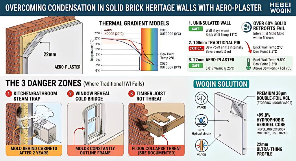 Technical diagram illustrating Hebei Woqin how 22mm Aero-Plaster with double-foil vapor control prevents interstitial condensation and timber rot in UK heritage solid brick walls.