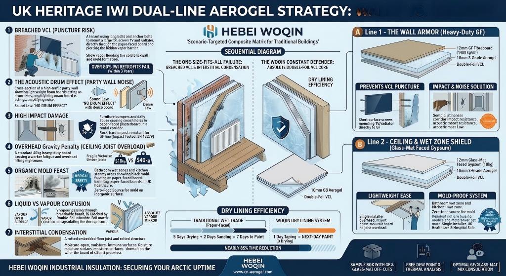 Technical infographic illustrating Hebei Woqin's Dual-Line Aerogel Strategy for UK heritage IWI, featuring Heavy-Duty GF boards for impact-resistant walls and inorganic Glass-Mat boards for mold-proof ceilings to prevent interstitial condensation.