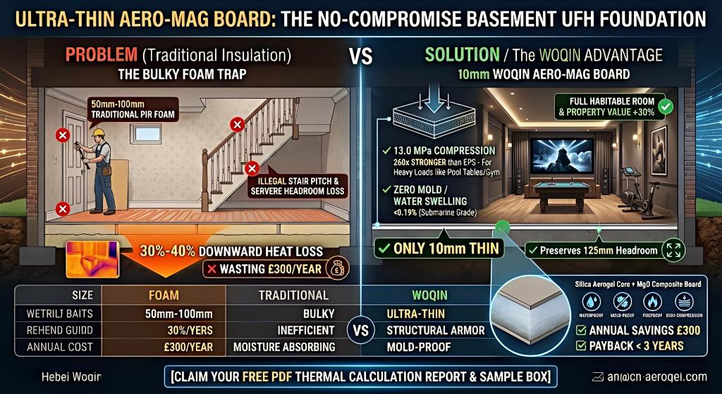 Infographic comparing traditional bulky foam insulation with Hebei Woqin's 10mm Aero-Mag Board for basement underfloor heating (UFH). Illustrates how the ultra-thin aerogel composite stops downward heat loss, prevents mold, delivers 13.0 MPa compressive strength, and preserves 125mm of critical headroom.