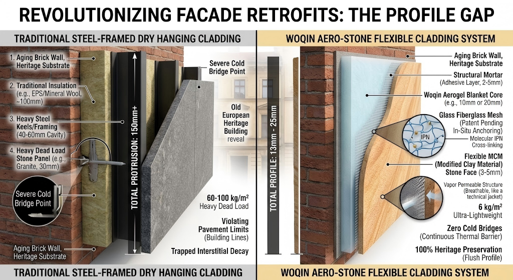3D cross-section comparison for facade retrofits: Traditional heavy steel-framed dry hanging stone (150mm+) versus Woqin ultra-thin Aero-Stone flexible aerogel cladding (13-25mm) showing zero cold bridges.