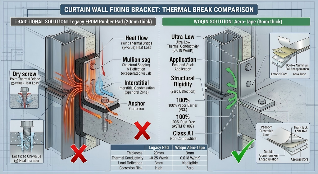 Comparison diagram of a curtain wall bracket showing legacy thick rubber pads causing shear deflection and cold bridges, versus Woqin 3mm aerogel thermal break tape (0.018 W/mK) providing zero deflection and 100% vapor control.