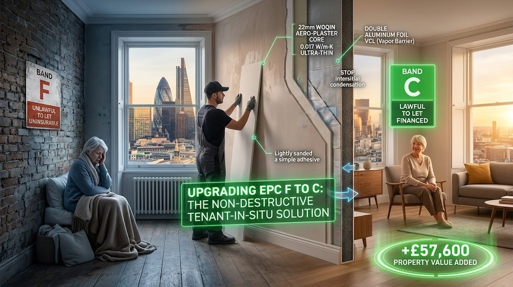 A split-screen comparison showing a property upgrading from EPC Band F (unlawful to let) to EPC Band C using Woqin's 22mm non-destructive aerogel insulation. The image demonstrates a tenant-in-situ retrofit, where an installer applies ultra-thin aerogel boards directly to the wall while the tenant remains comfortably in the room, eliminating void periods and condensation.