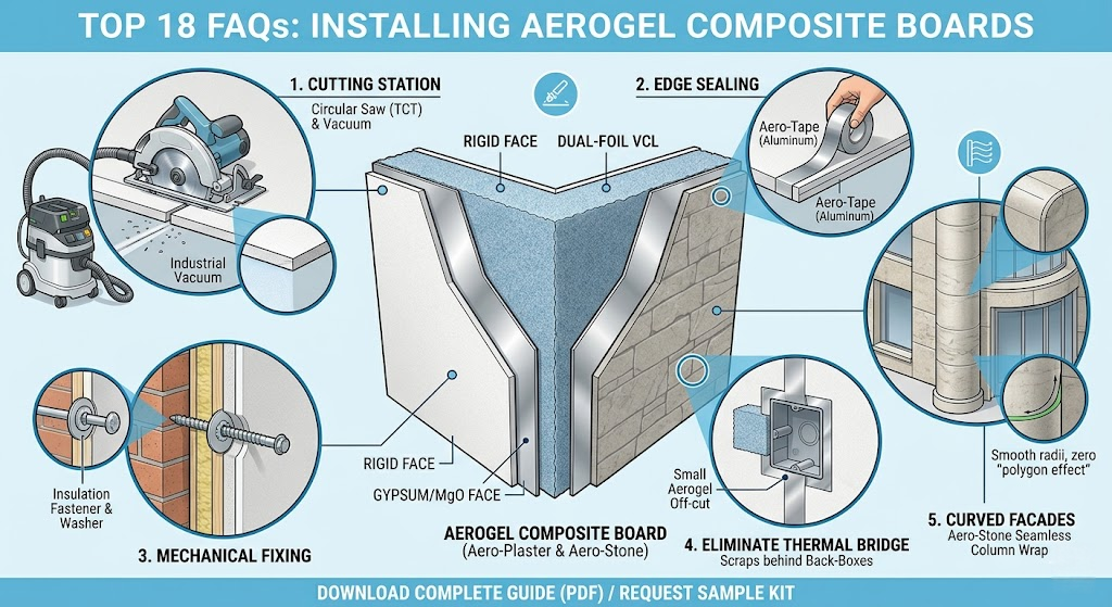 Infographic guide for installing aerogel composite boards: showing TCT circular saw cutting, aluminum Aero-Tape edge sealing, mechanical fixing on solid brick, eliminating thermal bridges behind electrical back-boxes, and wrapping curved heritage facades with flexible Aero-Stone.
