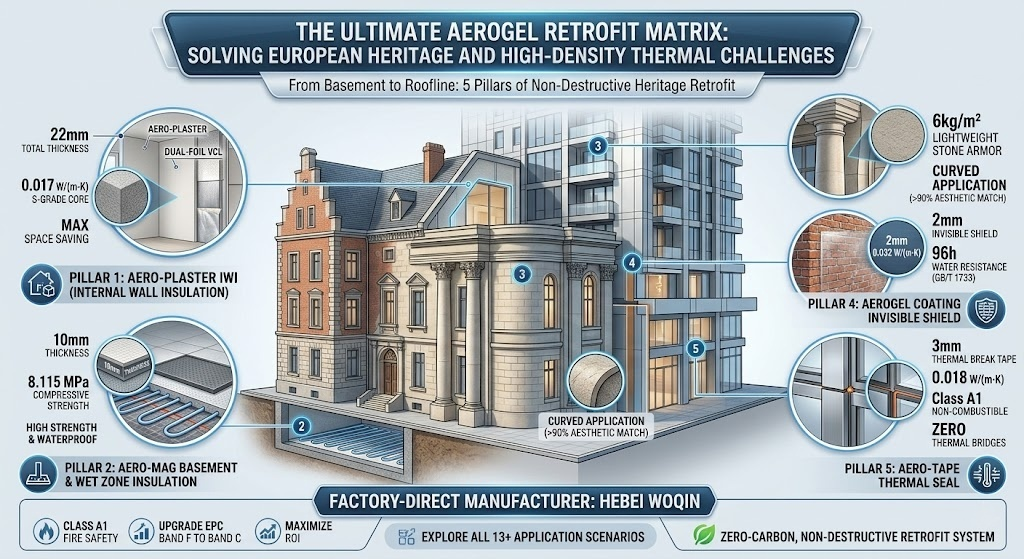 A 3D architectural cutaway diagram illustrating the Ultimate Aerogel Retrofit Matrix by Hebei Woqin. It shows 5 non-destructive insulation pillars: Aero-Plaster for internal walls, Aero-Mag for basements, Aero-Stone for curved facades, Aerogel Coating for historic brickwork, and Class A1 Aero-Tape for thermal seals.