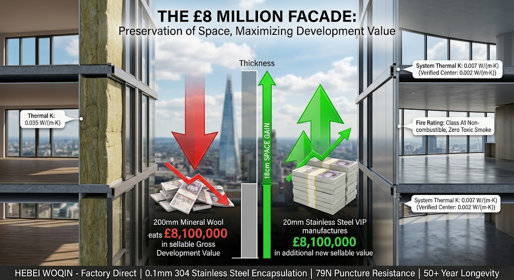 3D architectural comparison showing 20mm Stainless Steel VIP outperforming 200mm mineral wool in a high-rise facade. The ultra-thin vacuum insulation panel saves 18cm of wall space, generating over £8.1 million in ROI for property developers while maintaining Class A1 fire safety.