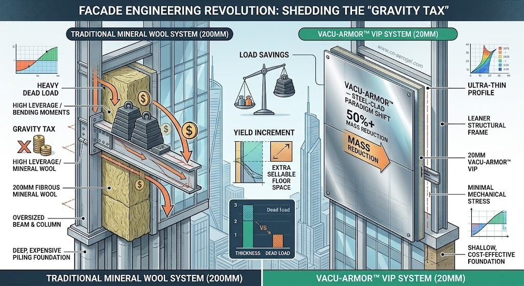 Infographic comparing the massive structural dead load of a 200mm traditional mineral wool facade versus the ultra-thin, lightweight 20mm Vacu-Armor Stainless Steel VIP system. Shows how replacing heavy insulation reduces the gravity tax, lowers leverage stress on brackets, and saves foundation costs for skyscrapers.