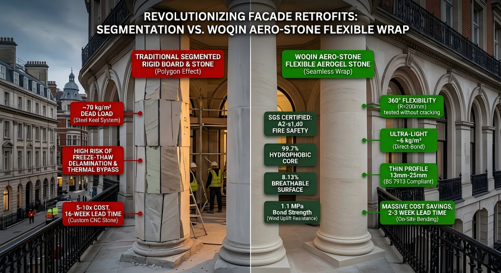 Heritage Curved Column Retrofit: Traditional Polygon Effect vs Woqin Aero-Stone A2-s1,d0 Flexible Aerogel Stone Wrap