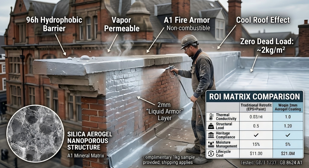 Worker spraying 2mm Woqin Aerogel thermal coating on a heritage brick facade and flat roof, providing breathable waterproofing, A1 fire armor, and zero dead load insulation.