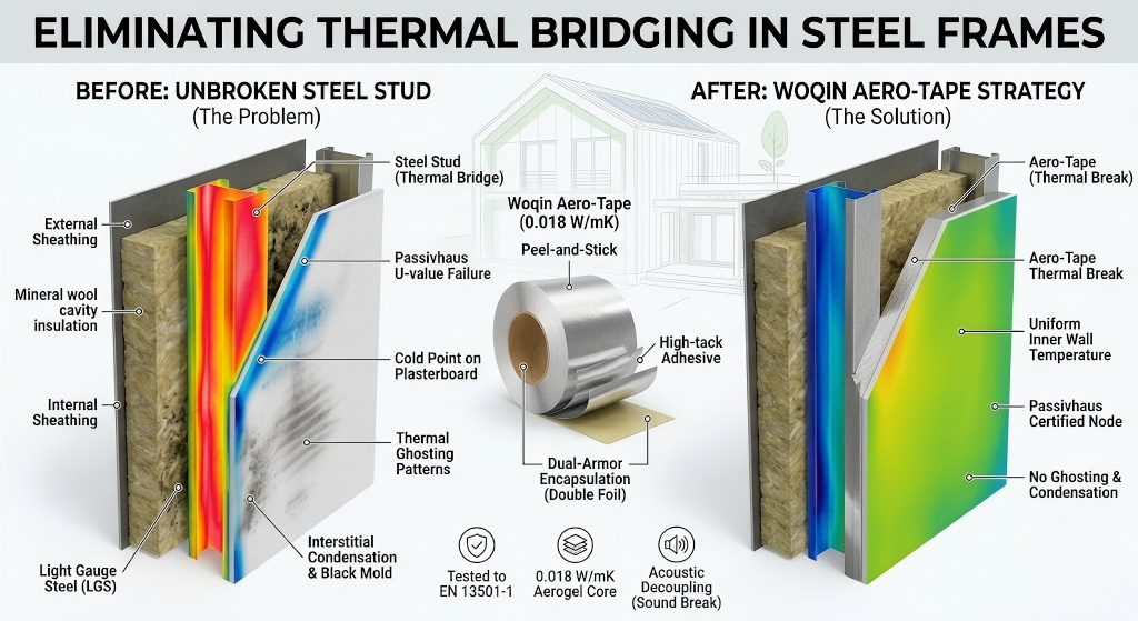 Infographic showing before and after comparison of eliminating thermal bridging in light gauge steel (LGS) frames: unbroken steel stud thermal bridge vs Woqin Aero-Tape 0.018 W/mK aerogel thermal break solution, solving thermal ghosting, interstitial condensation and Passivhaus U-value failure
