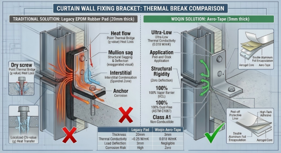 Infographic comparing traditional 20mm EPDM rubber pad vs Woqin 3mm Aero-Tape aerogel thermal break for aluminum curtain wall fixing brackets, eliminating point thermal bridges, shear deflection, interstitial condensation and anchor corrosion