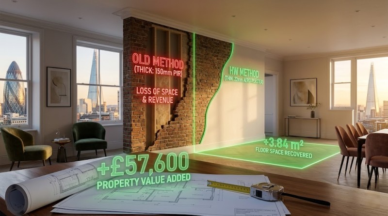 Maximizing London flat renovation ROI: Side-by-side comparison of traditional 150mm PIR insulation vs Hebei Woqin's 22mm Aero-Plaster internal wall insulation (IWI). Visualizes 3.84m² floor space recovered and £57,600 in added property value for Prime Central London landlords, enabling MEES EPC C compliance without sacrificing historic interior space. Background showcases iconic London skyline with The Shard and 30 St Mary Axe (The Gherkin).