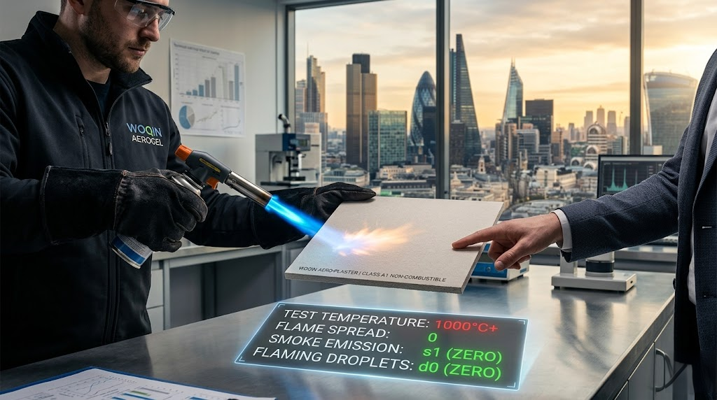 Class A1 non-combustible aerogel fire test: Woqin engineer applies 1000℃+ butane blowtorch to Aero-Plaster board in London laboratory. Real-time holographic data shows 0 flame spread, s1 (zero) toxic smoke emission and d0 (zero) flaming droplets, meeting EN 13501-1 standards. Delivers fire safety compliance for high-density retrofits, solves EWS1 form failures and Building Safety Act 2022 Gateway 2 approval challenges. Background features iconic London financial district skyline.