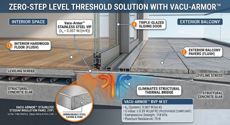 Vacu-Armor™ Stainless Steel VIP Zero-Step Balcony Threshold Diagram, 20mm Ultra-Thin Insulation Achieves Passivhaus U-Value & Eliminates Thermal Bridges