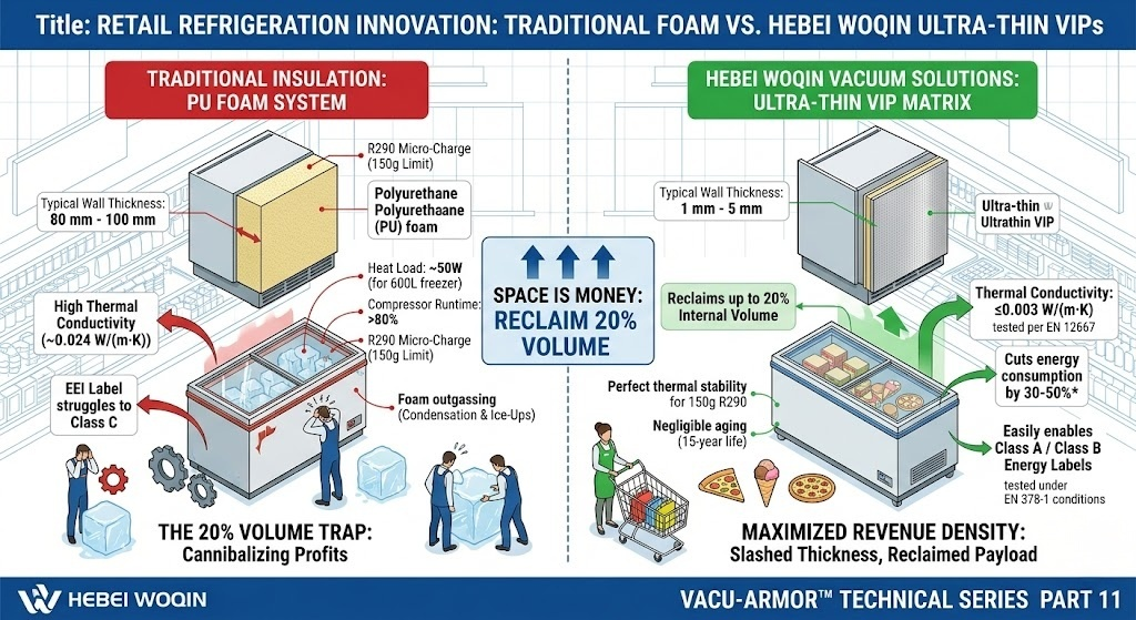 Technical infographic comparing bulky 80-100mm traditional PU foam against Hebei Woqin's 1-5mm Ultra-Thin VIPs for commercial refrigerators. Demonstrates how vacuum insulation reclaims 20% internal display volume, cuts energy consumption by 30-50%, and perfectly stabilizes 150g R290 micro-charge systems to achieve Class A/B Ecodesign labels.