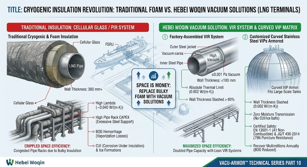 Technical infographic comparing bulky traditional 300mm cellular glass insulation against Hebei Woqin's ultra-thin VIR system and Curved VIPs for LNG terminals. Demonstrates how 0.002 W/(m·K) vacuum insulation maximizes congested pipe rack space, eliminates CUI, and recovers millions in Boil-Off Gas (BOG) annually while meeting EN 13501-1 A1 non-combustible standards.