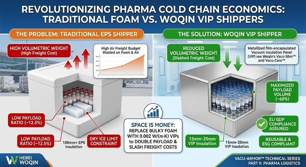 Technical comparison diagram of pharma cold chain economics, contrasting traditional bulky EPS shippers (12.5% payload ratio) against Hebei Woqin VIP shippers. Demonstrates how ≤ 0.003 W/(m·K) vacuum insulation maximizes payload volume to 60%, slashes volumetric weight air freight costs, and ensures strict EU GDP compliance.