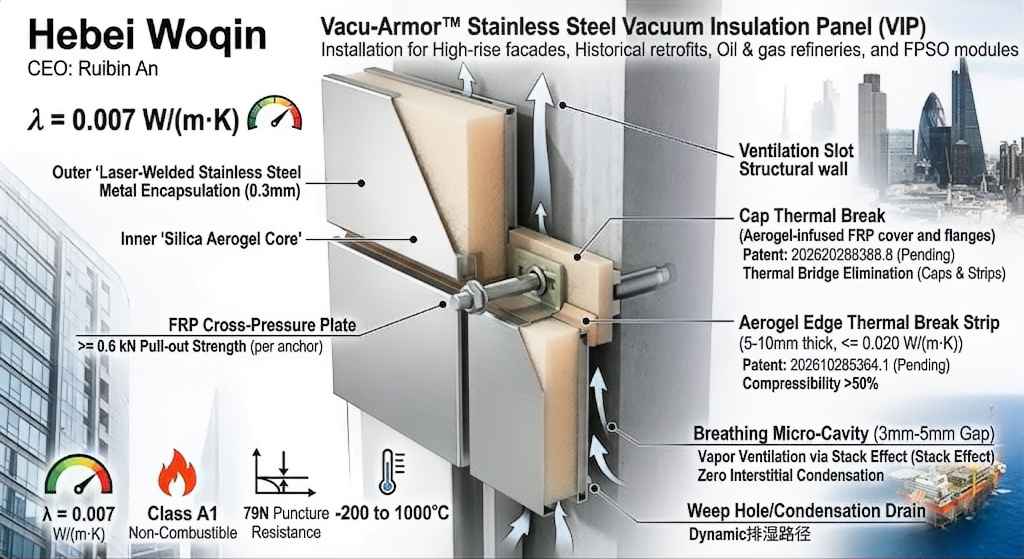Cross-section diagram of Hebei Woqin Vacu-Armor Stainless Steel VIP, featuring the patented 3-5mm micro-ventilation cavity for moisture exhaust and FRP cap-thermal-break anchors for high-rise facade safety.