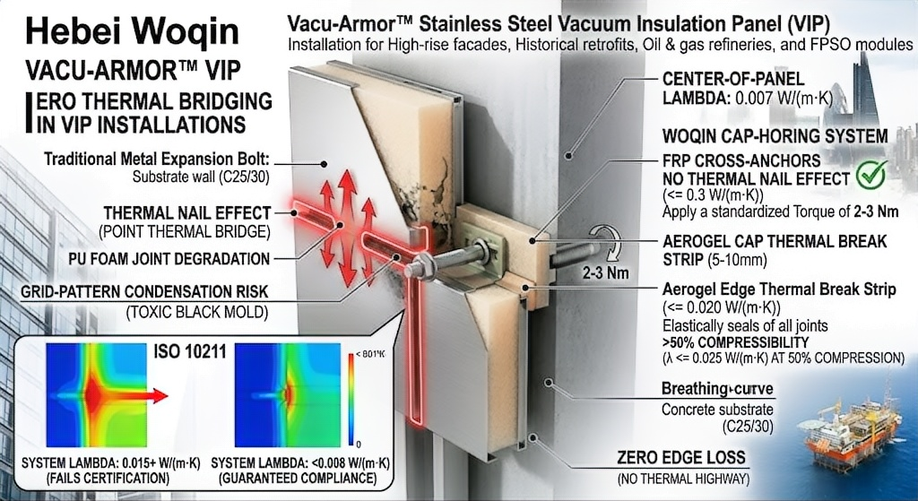 Technical diagram comparing traditional VIP jointing failure via thermal nail effect with Hebei Woqin's patented aerogel cap-anchoring system, demonstrating an ISO 10211 thermal bridge simulation reducing system lambda to under 0.007 W/(m·K).
