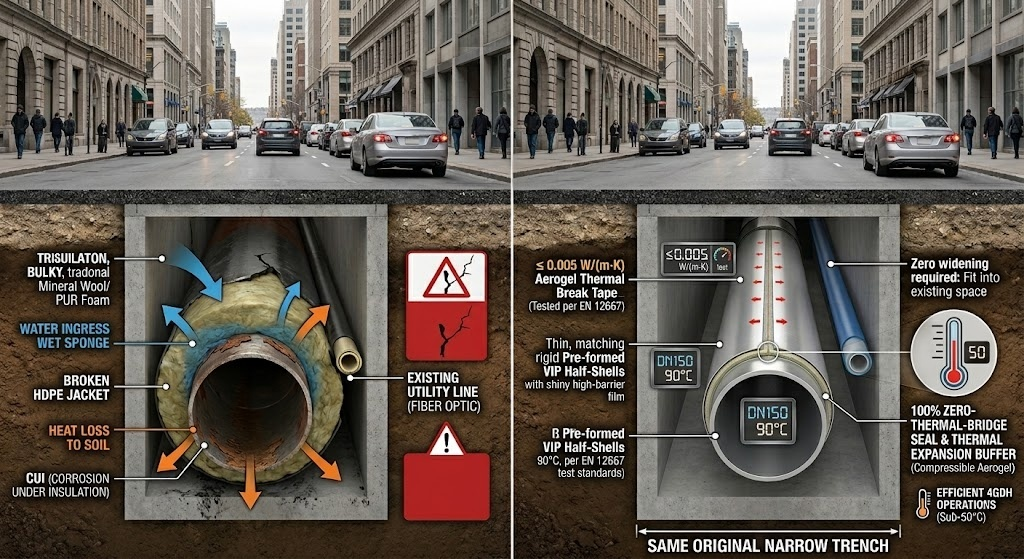 Engineering cross-section comparison of traditional bulky PUR insulation requiring expensive trench widening versus Hebei Woqin VIR system utilizing pre-formed VIP half-shells (≤ 0.005 W/(m·K) per EN 12667) and aerogel thermal break tape for an urban district heating network (DHN) retrofit.