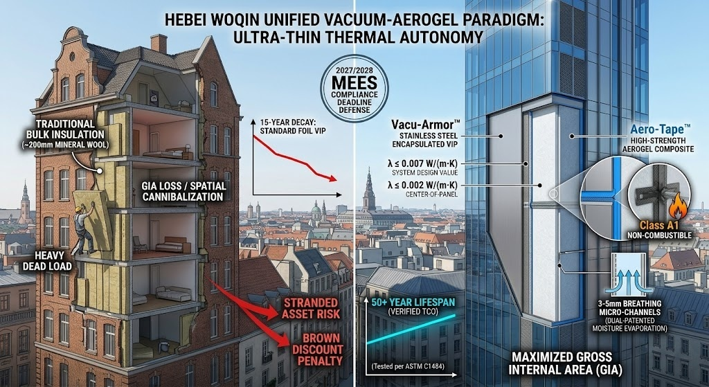 An infographic of the Hebei Woqin unified vacuum-aerogel paradigm for European building envelopes, comparing the spatial cannibalization and stranded asset risk of traditional bulk insulation in heritage buildings against the ultra-thin thermal autonomy of Vacu-Armor stainless steel VIPs and aerogel composites, highlighting MEES compliance and a 50-year verified lifespan.