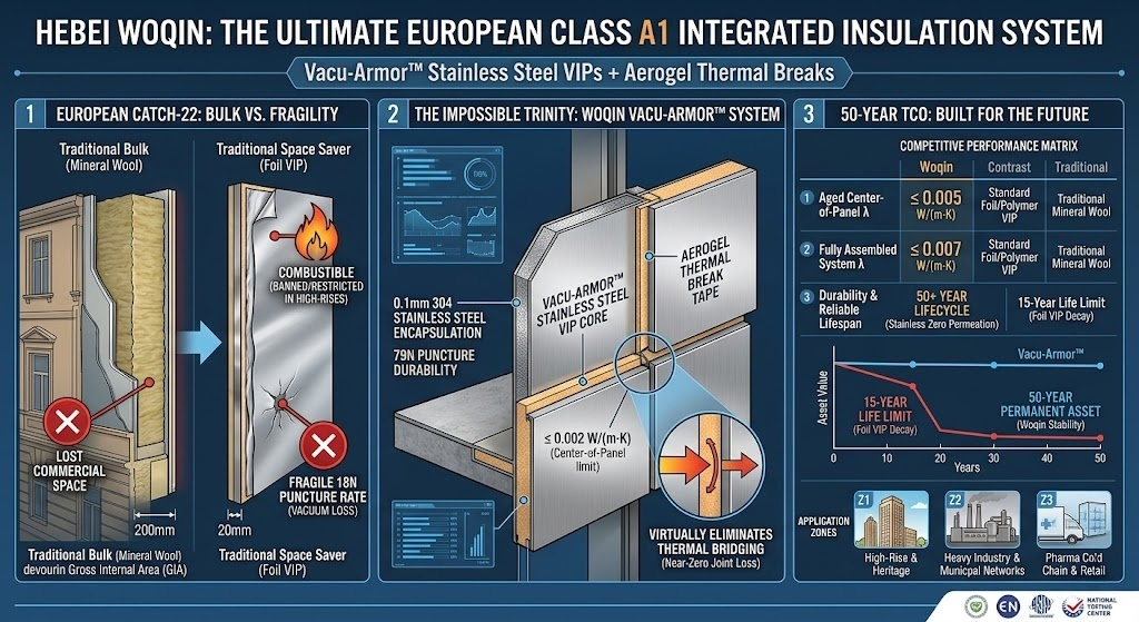 Comprehensive thermodynamic infographic of Hebei Woqin integrated insulation systems benchmarking traditional mineral wool and foil VIPs against Vacu-Armor stainless VIPs, Vacu-Slim ultra-thin panels, and Vacu-Core matrices across European high-rise facades, municipal networks, and pharma cold chains.