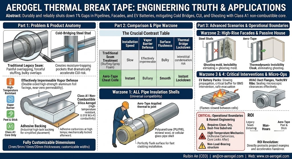 An infographic detailing the technical specifications and applications of Hebei Woqin's Aerogel Thermal Break Tape, featuring a comparison table against legacy seam treatments, an anatomy diagram with double aluminum foil facings, and its role in durably mitigating CUI and cold bridges across pipelines, steel studs, and EV batteries with stated operational boundaries.
