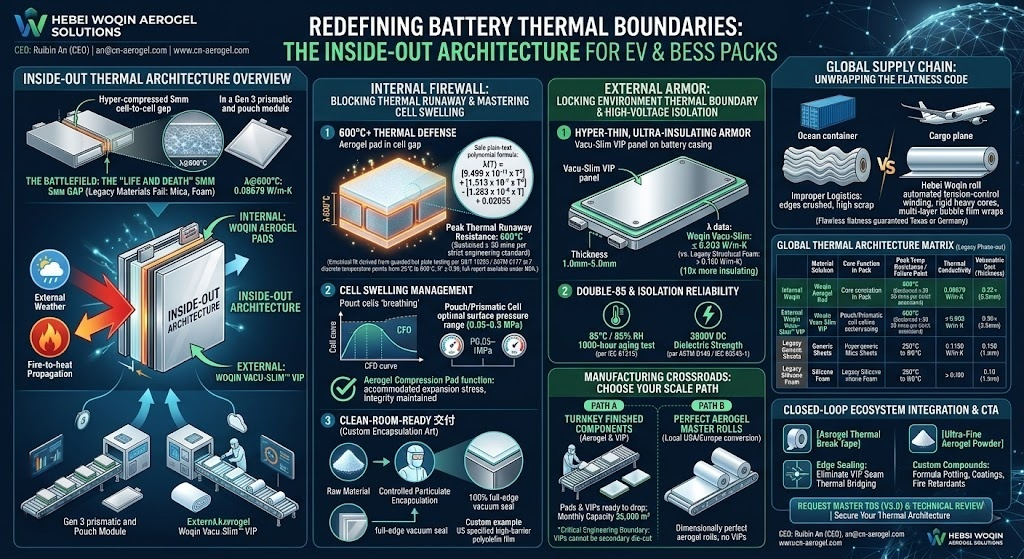 An technical infographic showcasing Hebei Woqin's Inside-Out Thermal Architecture for EV and BESS battery packs. The internal section details 5mm aerogel compression pads featuring a thermal conductivity polynomial curve, a 0.05-0.3 MPa cell swelling pressure range, and clean-room-ready encapsulation. The external section highlights Vacu-Slim VIP armor with a thermal conductivity under 0.003 W/(m·K) and 3800V DC dielectric strength. The right panel contrasts master roll flatness under automated tension-control versus improper logistics, alongside a global performance matrix and closed-loop integration tips for aerogel tape and ultra-fine powder.