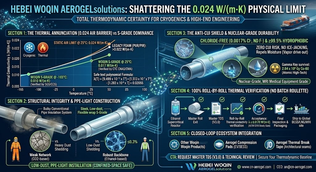 An industrial technical infographic showcasing Hebei Woqin S-Grade Aerogel Solutions breaking the 0.024 W/(m·K) physical air barrier. Section 1 features a thermal conductivity curve hitting 0.017 W/(m·K) at 25°C verified by CTC CNAS/CMA and 0.010 W/(m·K) at -165°C verified by SGS/CCS. Section 2 contrasts a brittle CO2-based insulation pipe showing heavy dust shedding with a flexible, low-dust ethanol-based S-Grade blanket for clean, PPE-light installation in confined spaces. Section 3 details the anti-CUI shield with 0.0017% Cl- content, ND F- content, and 2.64 x 10^6 Gy Gamma-ray radiation survival. Section 4 outlines the 100% roll-by-roll thermal verification flowchart using the ASTM C518 heat flow meter method with a strict lambda acceptance window under 0.0170 W/(m·K).