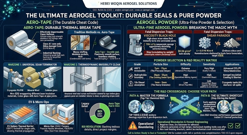An infographic titled The Ultimate Aerogel Toolkit by Hebei Woqin, showcasing technical solutions for both Aero-Tape and Aerogel Powder. The left side highlights durable thermal break tape applications in pipelines, steel studs, and EV batteries with an ROI chart. The right side exposes powder dispersion traps like viscosity black holes and shear paradoxes, featuring a particle size destiny matrix and an R&D crossroads decision guide.