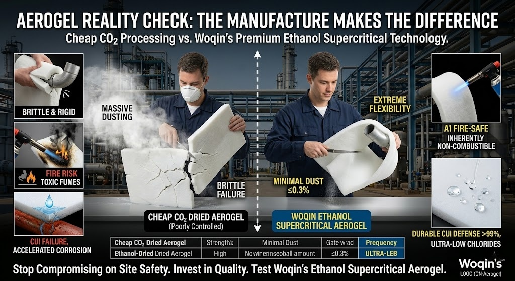 Comparison showing the defects of cheap CO2-dried aerogel insulation, including extreme dust and fire hazards, versus Hebei Woqin's flexible, non-combustible ethanol supercritical aerogel.