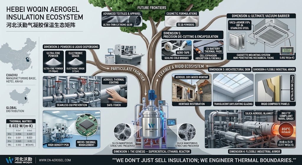 An industrial infographic mapping the Hebei Woqin Silica Aerogel Insulation Ecosystem from its core supercritical ethanol reactor genesis to six product dimensions, including ultra-fine powders for high-density PCBs, sprayable thermal coatings for CUI prevention, aerogel dry-mixed mortar for heritage buildings, flexible industrial blankets for 850°C naval exhausts, precision die-cut battery thermal pads, and stainless steel encapsulated Vacu-Armor VIPs.