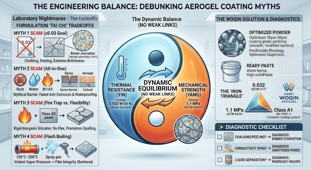 Technical infographic explaining the engineering balance of aerogel insulation coatings, contrasting thermal resistance (0.032 W/mK) with mechanical strength (1.1 MPa), debunking formulation myths, and providing a diagnostic checklist for coating formulators.