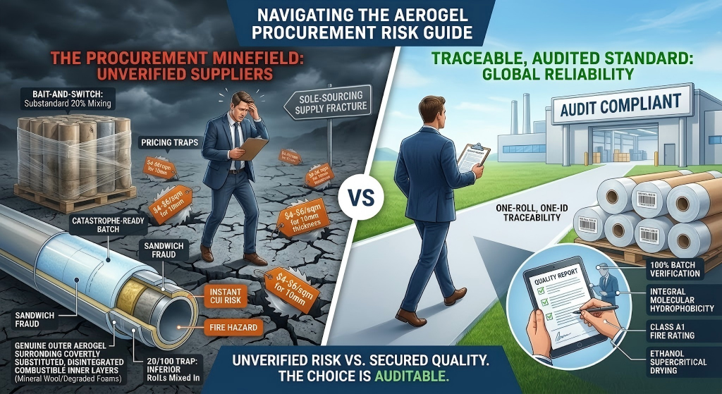 Side-by-side comparison of aerogel procurement risks. The left illustrates unverified suppliers with dangerous pricing traps, bait-and-switch batches, and multi-layer sandwich fraud causing CUI and fire hazards. The right features Hebei Woqin's audited factory standard, showcasing One-Roll-One-ID barcode traceability, 100% batch verification, and secure supply chain reliability for EPC mega-projects.